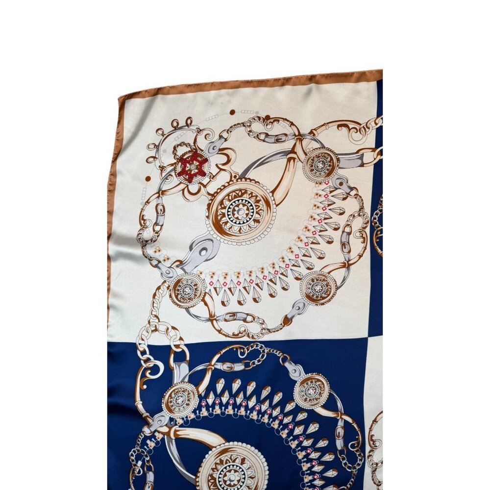 2/$30 White Navy Blue Red Nautical Antique Gold Baroque Printed Fashion Scarf - Picture 5 of 11